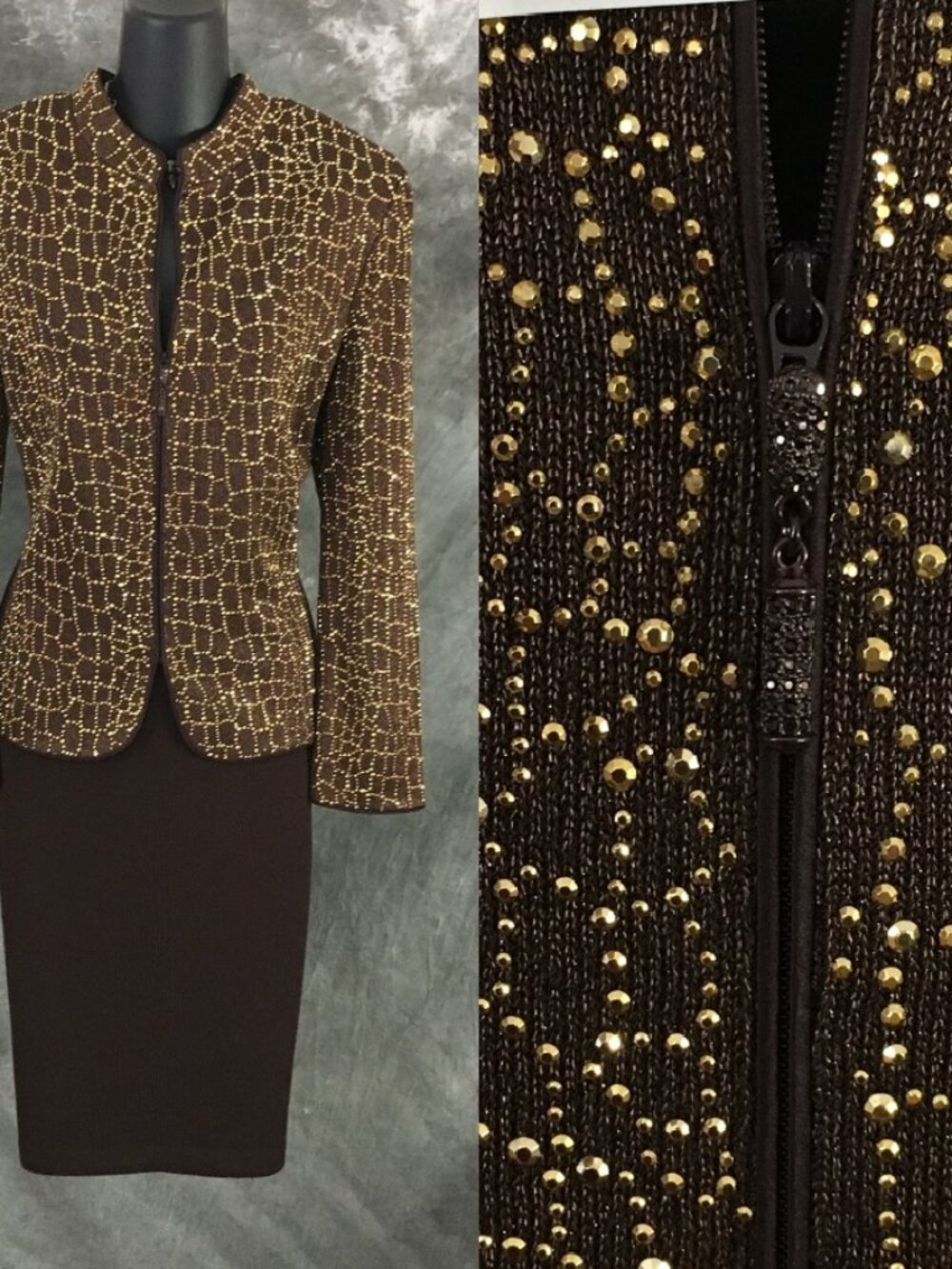 BEAUTIFUL St John evening knit brown rhinestones embellished skirt suit 12